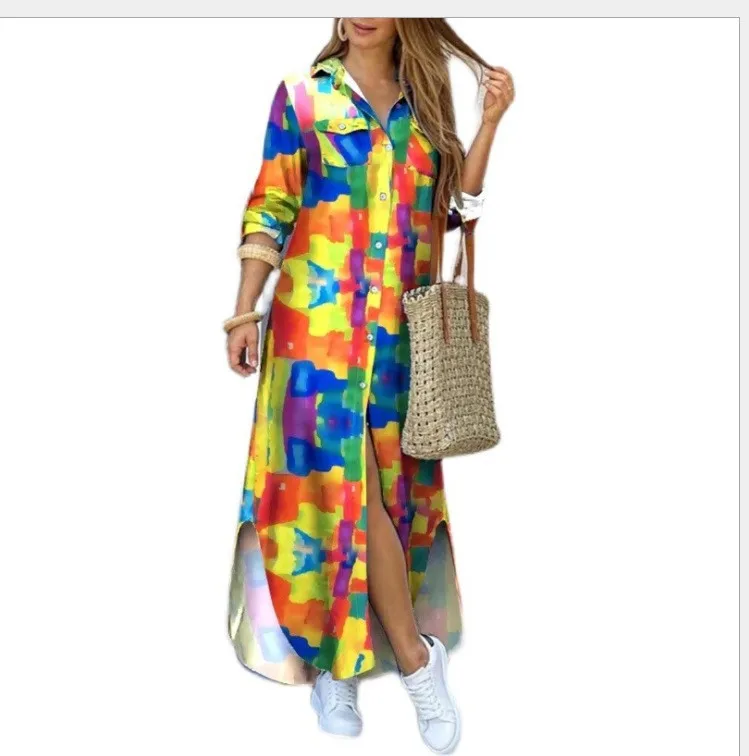 Robe Maxi Imprimée à Manches Longues YQY1206 – Coupe Ample Décontractée pour Femme