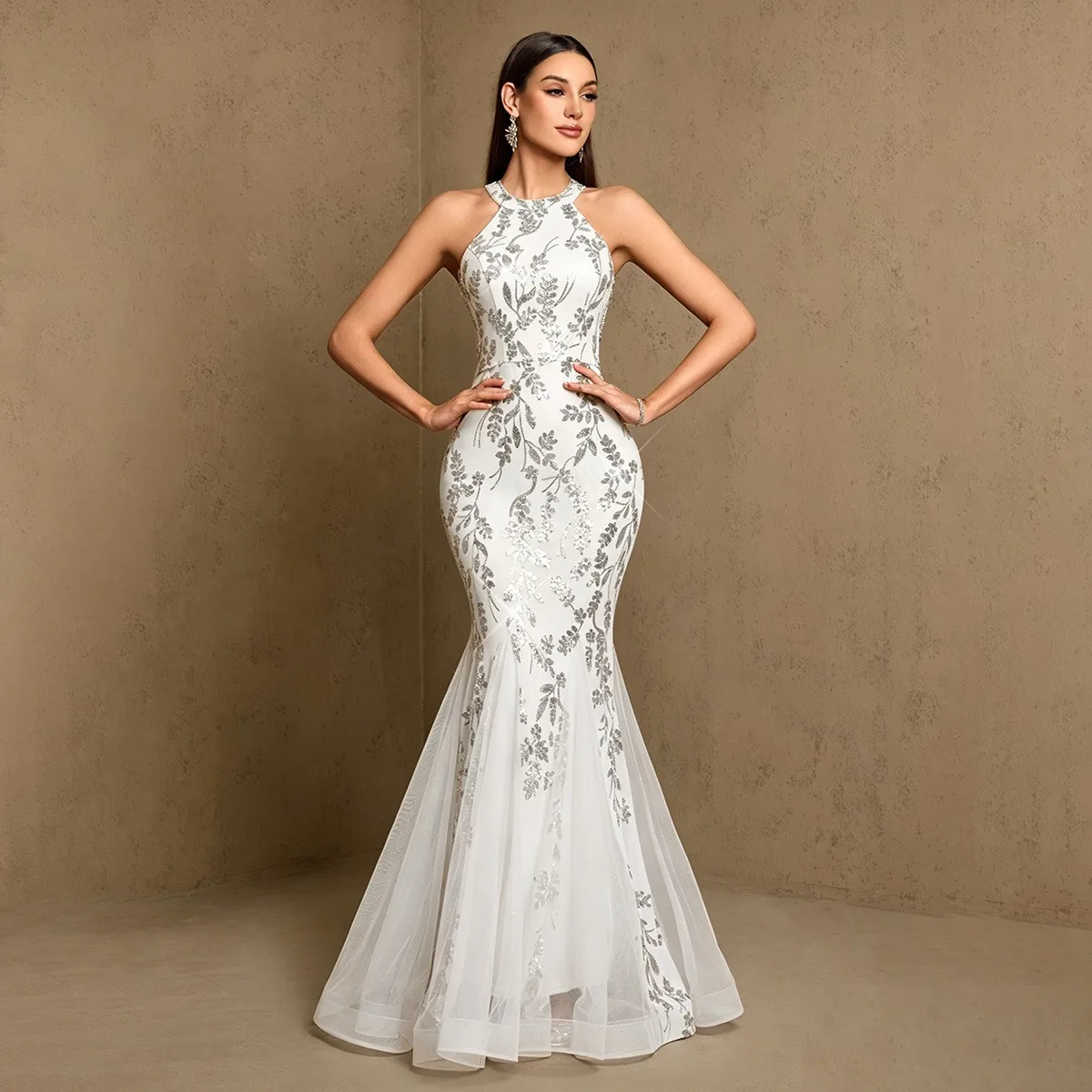 Robe Sirène Longue à Paillettes Col Halter – Soirée & Bal | TW00225
