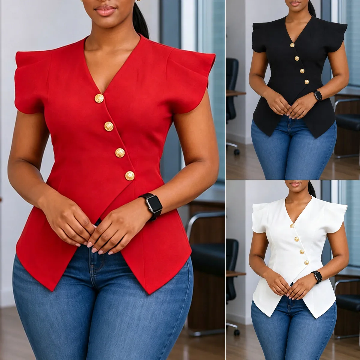 Blouse Femme Col V à Manches Volantées D3376 – Élégante & Ajustée pour le Bureau