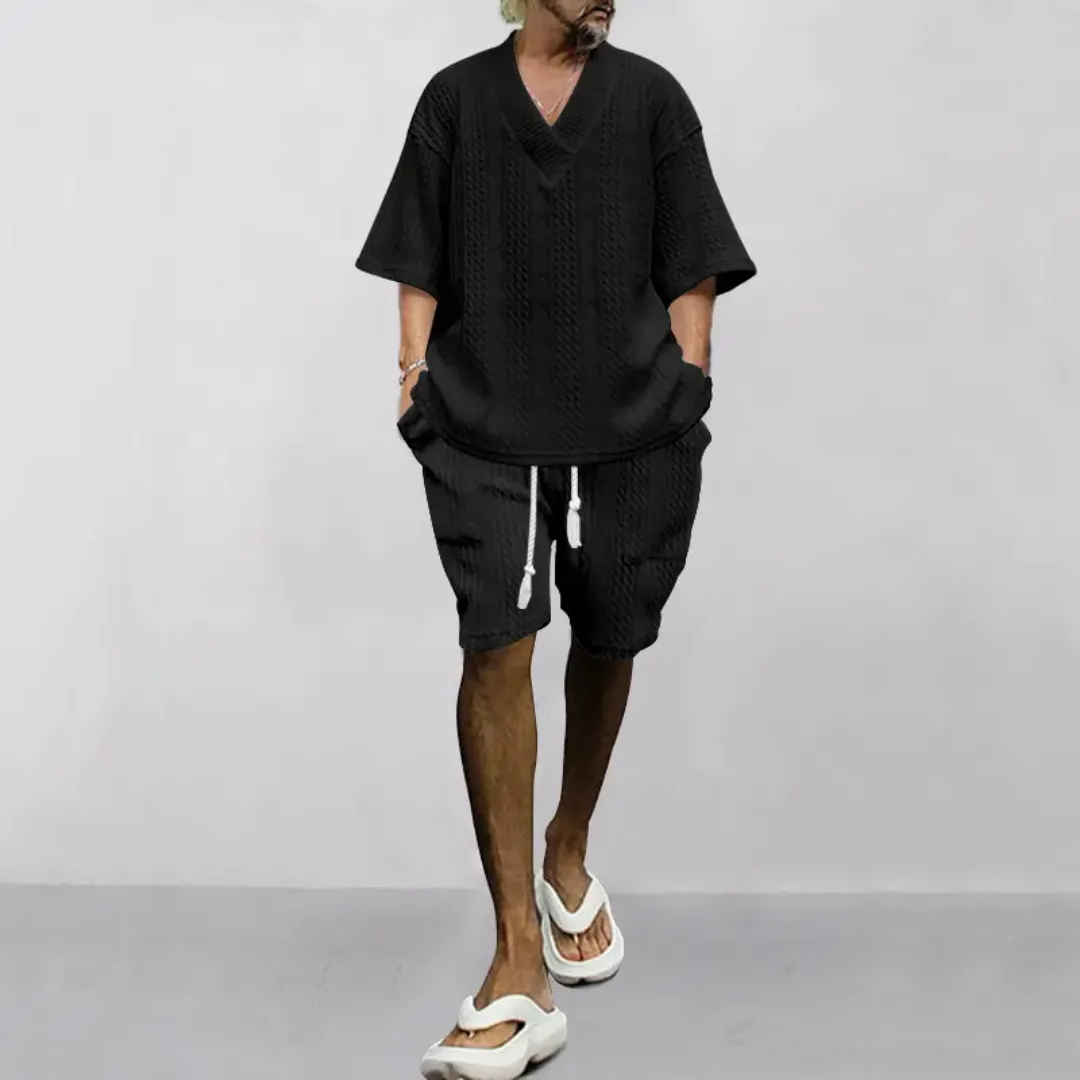 Ensemble Tricoté Homme Été – T-shirt Col V & Short Côtelé