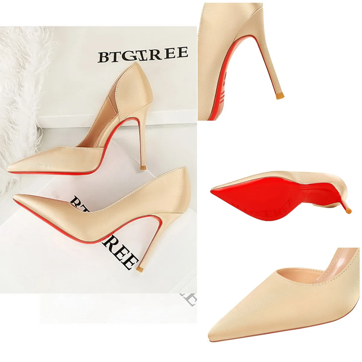 Escarpins Satin Bout Pointu Talons Aiguilles Semelles Rouges – Y9267 Big Tree