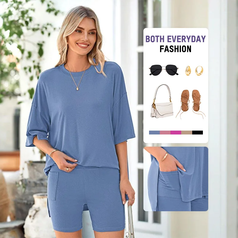 Ensemble 2 pièces femme : T-shirt oversize + short cycliste – Tenue décontractée respirante