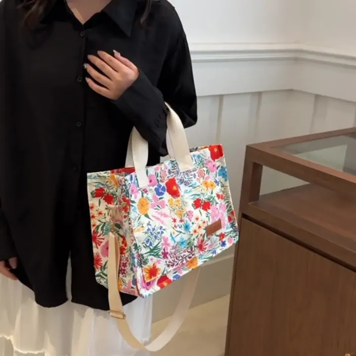 Sac à Main Tissu Floral avec Anses et Bandoulière – Sac Fourre-Tout Léger et Tendance pour Femme