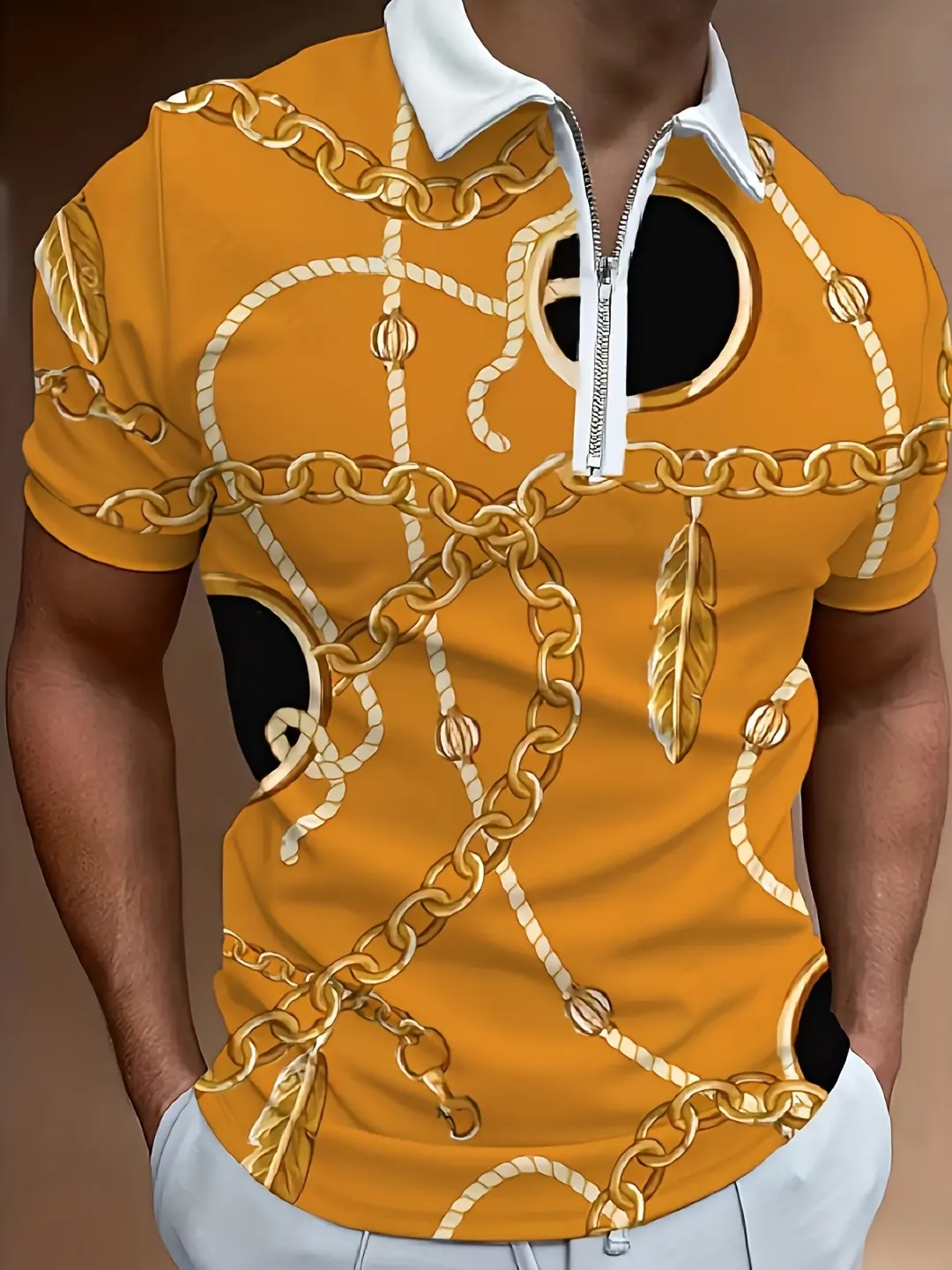 Polo Homme Blanc à Motifs Chaînes Dorées avec Fermeture Éclair
